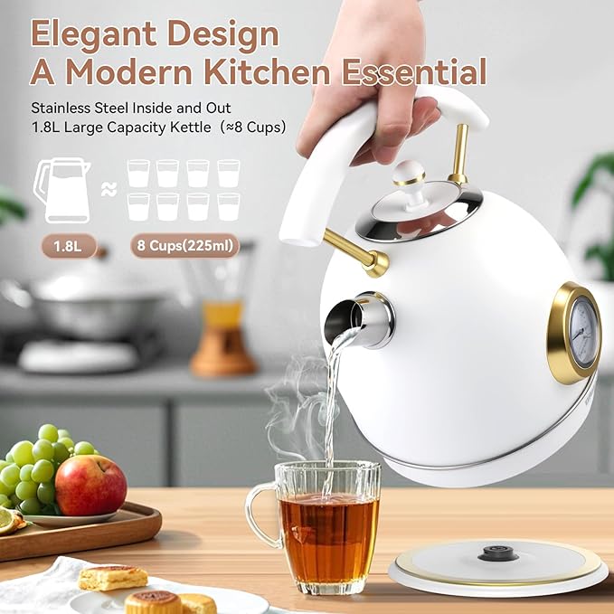 Rasonic Retro Electric Kettle Stainless Steel, 1.8L Tea Water Boiler, 1500W Fast Quiet Boil, Temperature Gauge, Auto Shut-Off, Boil-Dry Protection, White Champagne Gold