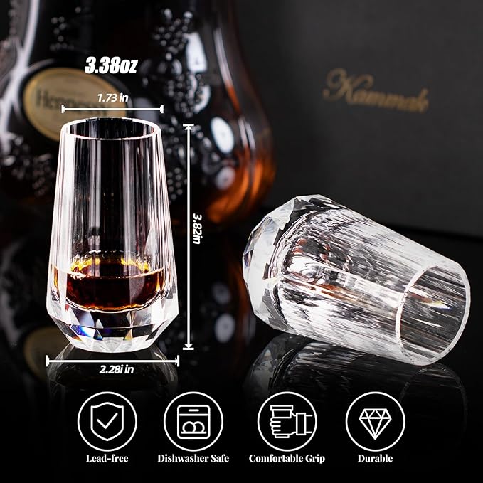 KAMMAK Crystal Whiskey Glasses Set of 2, Handcrafted Shot Glasses Stemless, 3.38oz Hand Blown White Cocktail Glasses, Engagement Gifts for Couples, Women, Men