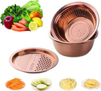 3PC/Set Colander set Stainless Steel Vegetable Slicer Fruit Potato Peeler Carrot Grater Strainer Utensil Round Rice Washer Bowl Drain Basket-Rose Gold