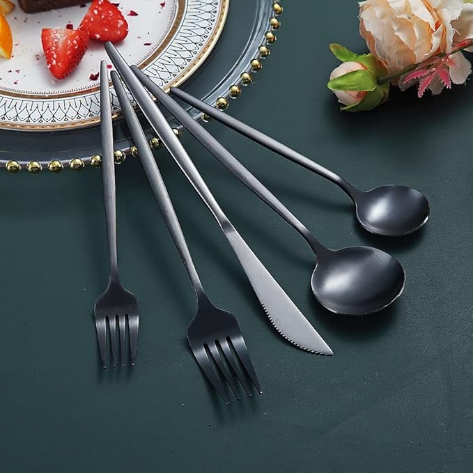 Stainless Steel Flatware Set, Titanium Plated, 40-Piece Service Set for 8 (Matte Black)