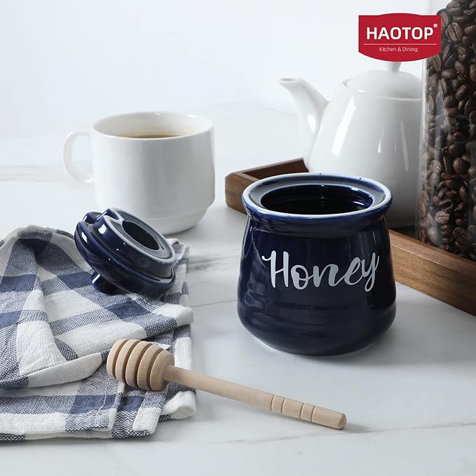 HAOTOP Farmhouse Porcelain Honey Jar with Dipper and Lid Set 12oz,Easy to Clean (Navy)