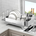 Dish Drying Rack, 304 Stainless Steel Dish Racks for Kitchen Counter, Dish Drainers with Automatic Drainage, Utensil Holder & Cups Holder, Space Saving Kitchen Organizer, Gray