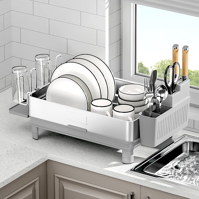 Dish Drying Rack, 304 Stainless Steel Dish Racks for Kitchen Counter, Dish Drainers with Automatic Drainage, Utensil Holder & Cups Holder, Space Saving Kitchen Organizer, Gray
