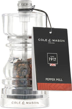 Cole & Mason London Refillable Spice Mill - Kitchen & Home Accessory - Table Black Pepper Grinder - Pepper Mill with Carbon Steel Mechanism - 5", Acrylic