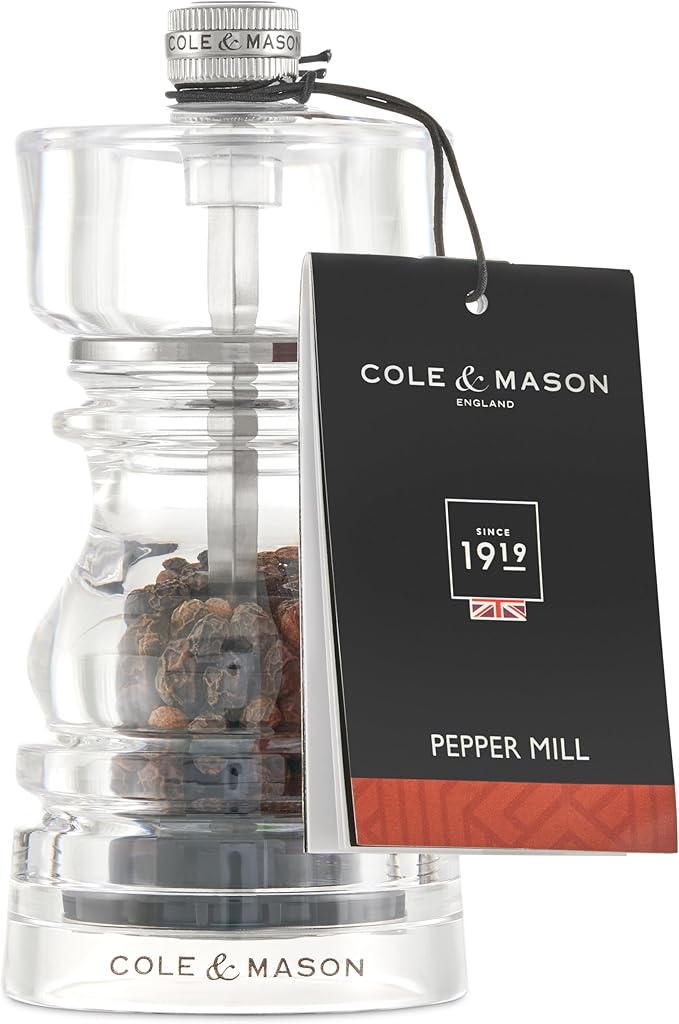 Cole & Mason London Refillable Spice Mill - Kitchen & Home Accessory - Table Black Pepper Grinder - Pepper Mill with Carbon Steel Mechanism - 5", Acrylic