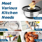 TeamFar Mixing Bowls Set of 5, Stainless Steel Nesting Salad Bowl with Lid & 3 Grater Attachments for Salad Mixing/Food Storage, Healthy, Airtight Lid & Non-slip Bottom - 4.6/3.5/2.5/1.5/1 QT