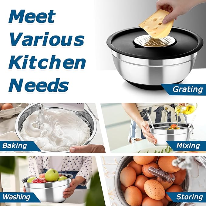 TeamFar Mixing Bowls Set of 5, Stainless Steel Nesting Salad Bowl with Lid & 3 Grater Attachments for Salad Mixing/Food Storage, Healthy, Airtight Lid & Non-slip Bottom - 4.6/3.5/2.5/1.5/1 QT