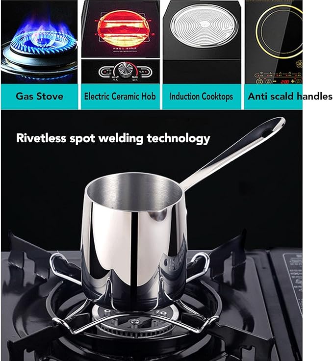 Milk Warmer Pot, 30oz/900ml Stainless Steel Turkish Coffee Pot Stovetop Chocolate Butter Melting Pan with Spout and Long Handle