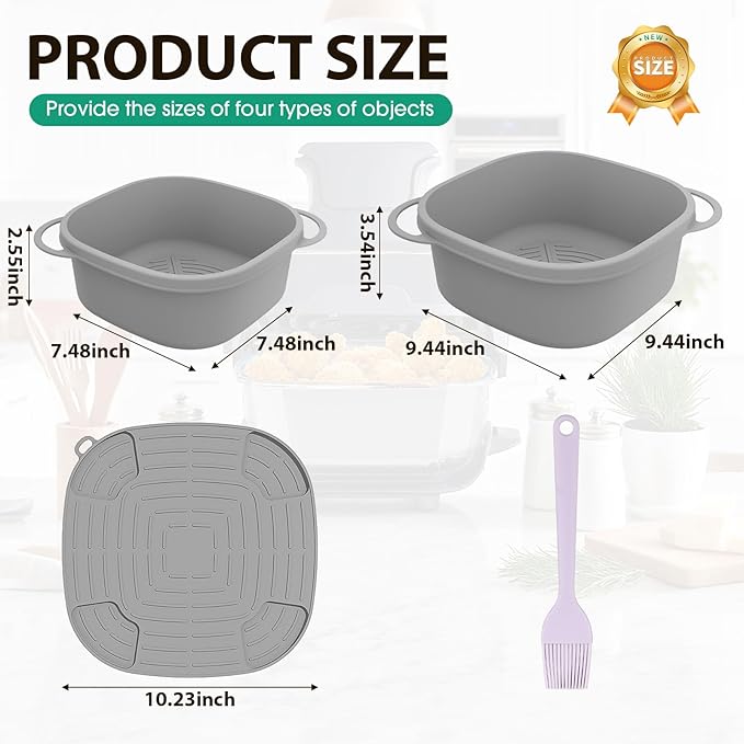 Silicone Air Fryer Liners for Ninja FN101GY Crispi Glass Basket – 4QT 6QT Reusable Nonstick Containers with Heat Mat and Oil Brush