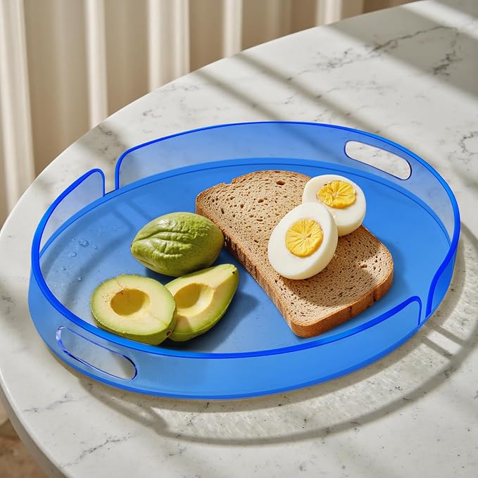 Acrylic Serving Tray with Handles Large Decorative Ottoman Tray 17x13'' Round for Bathroom Food Coffee Fruit Snack Tea Dinner Living Room, Blue