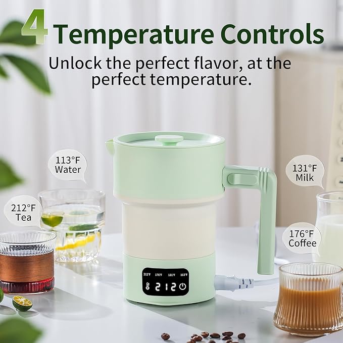 Collapsible Electric Kettle-600ML Foldable Travel Water Boiler, 600W Portable Hot Water Kettle with 4-Temp Presets, Food Grade Silicone for Hotel, Office, Camping (Green, 600mL)