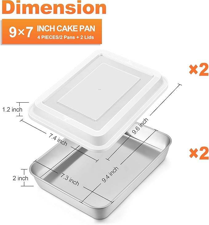 Herogo Baking Pan with Lid, 7 x 9 Inch Stainless Steel Nonstick Deep Pan, Rectangle Cakes Bakeware with Lid for Brownies Casseroles, Non Toxic & Dishwasher Safe, Set of 2