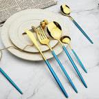 24Pcs Gold Mirror Silverware Flatware With Blue Handle, 18/0 Stainless Steel Cutlery Set Utensils Kitchen Dinnerware Include Knife Fork Spoon and Teaspoon, Service for 4