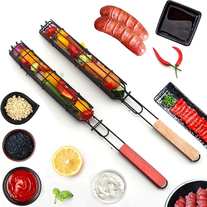 Kabob Grilling Set - 6 Non-Stick Grill Baskets & 6 Stainless Steel Skewers - Long Handle, 15.5 Inch, Steel
