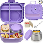 Bento Lunch Box with Thermo, 4-Compartment Bento Box with Adjustable Dividers, Leakproof Dinosaur Lunch Box with 14.2OZ Insulated Food Jar & Sauce Jar, for School Office Travel (Purple)