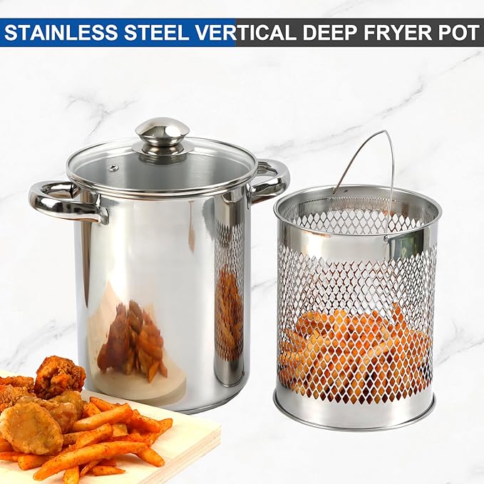 Asparagus Pot Deep Fryer Pot, Stainless Steel Steam Cooker with Basket and Lid Vegetable Asparagus Cooker for Pasta, Spaghetti, Japanese Tempura Small Deep Frying Pot with Oil Drip Drainer Rack, 4 Qt