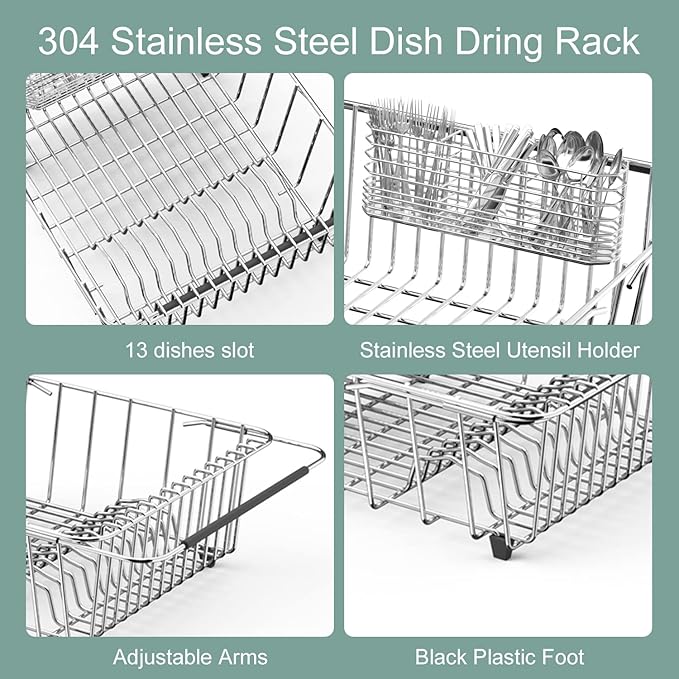 JAQ Dish Drying Rack in-Sink, 304 Stainless Steel Dish Drainer with Stainless Steel Silverware Holder Over Inside Sink-Adjustable 15.16" to 20.59" Maximium 13 Upright Dishes