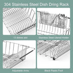 JAQ Dish Drying Rack in-Sink, 304 Stainless Steel Dish Drainer with Stainless Steel Silverware Holder Over Inside Sink-Adjustable 15.16" to 20.59" Maximium 13 Upright Dishes
