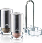 White Salt and Pepper Shakers with Holder - Elegant Stainless Steel Salt Shaker and Pepper Shaker Set with Acrylic Holder for Kitchen Counter or Restaurant Table