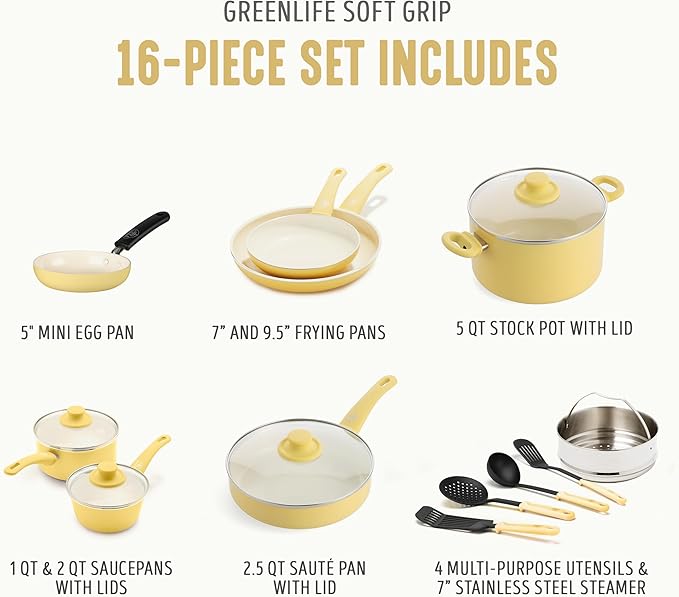 GreenLife 16 Piece Nonstick Cookware Set, Soft Grip Non-Toxic PFAS-Free Ceramic Pots & Pans, Dishwasher & Oven Safe, Frying, Sauce, Saute, Utensils, Glass Lids, Stay-Cool Handles, Wobble Free, Yellow