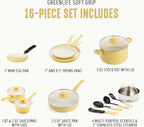 GreenLife 16 Piece Nonstick Cookware Set, Soft Grip Non-Toxic PFAS-Free Ceramic Pots & Pans, Dishwasher & Oven Safe, Frying, Sauce, Saute, Utensils, Glass Lids, Stay-Cool Handles, Wobble Free, Yellow