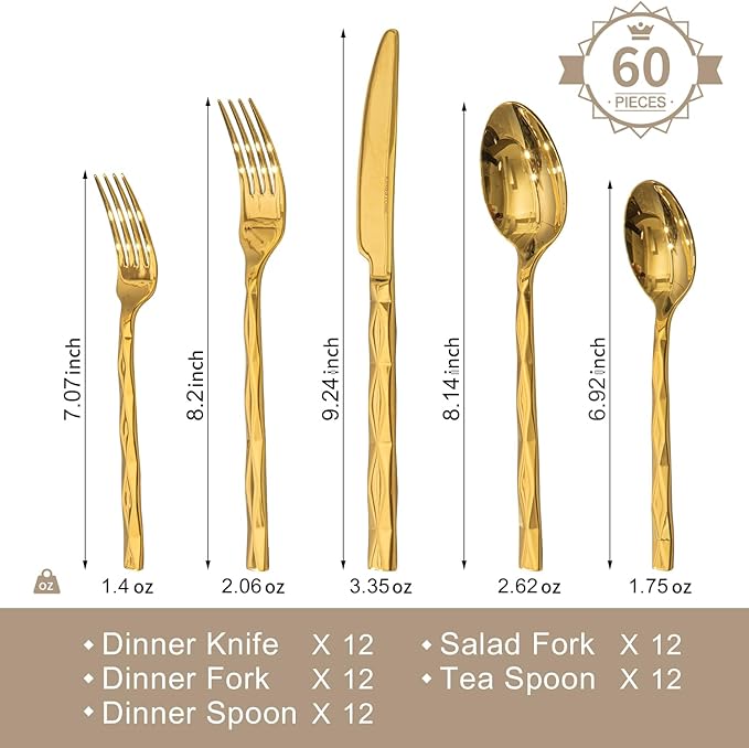 KINGSTONE Gold Silverware Set, Luxury 60 Piece Flatware Set for 12, 18/10 Stainless Steel Cutlery Set with Diamond Cut Pattern for Kitchen, Home, Wedding, Party, Mirror Polished and Dishwasher Safe