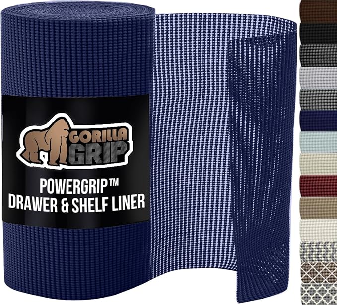 GORILLA GRIP powerGRIP Drawer Shelf and Cabinet Liner, Thick Strong Hold, Non-Adhesive Liners Protect Kitchen Cabinets and Cupboard, Bathroom Drawers, Easy Install, Breathable Mat, 17.5" x20', Navy