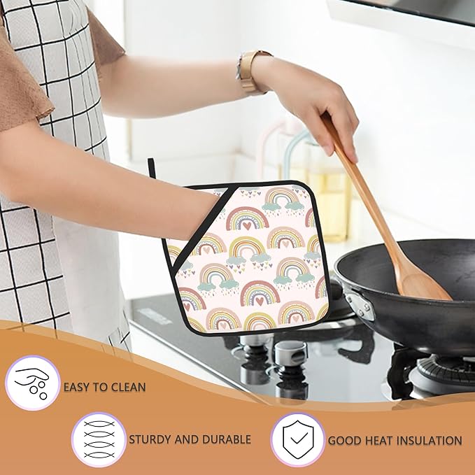2 Pack Boho Rainbow Cloud Pot Holders for Kitchen Heat Resistant, Potholders for Kitchens Washable for Cooking & Baking & Microwave