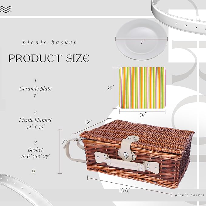 Picnic Basket Set for 4 with Waterproof Blanket Mat Insulation Bag Wicker Rainbow Stripe Cute Hawaiian Tropical Gift for Wedding Birthday Summer Camp Outdoor Camping Beach Travel Christmas