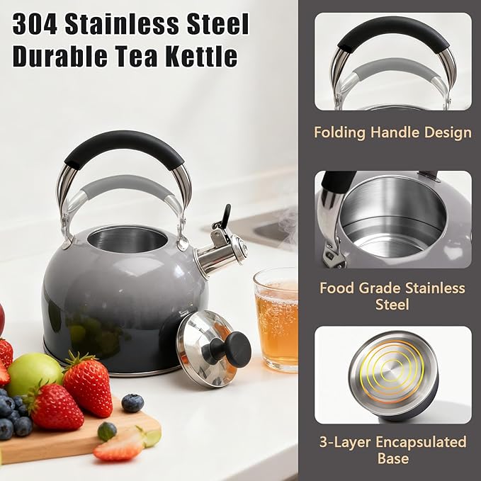 Tea Kettle Stovetop,Stainless Steel Whistling Tea Kettle For Stove Top, 2.5 Qt Tea Pot With Folding Handle, Food Grade Water Teapot Water Kettle For Stove Home Camping Travel,Gradient Black