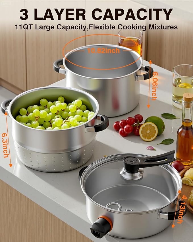PYY Steam Juice Extractor Electric- 11QT Fruit Vegetables Steam Juicer for Canning, 3-Layer Stainless Steel with Tempered Glass Lid, Hose, Jelly, Syrup, Clamp Steamer Extractor for Making Juice