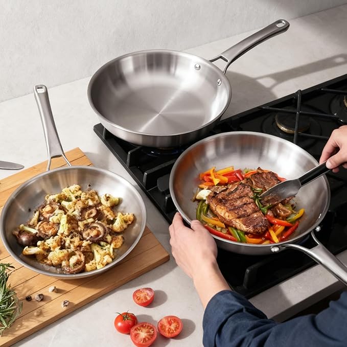 Bonnlo 3 Pieces Cookware Set, 3-Ply Stainless Steel Skillets Set, Non-Toxic Kitchen Set, Oven & Dishwasher Safe, Induction Cooking Set, PFOA & PTFE Free, Compatible for All Cooktops