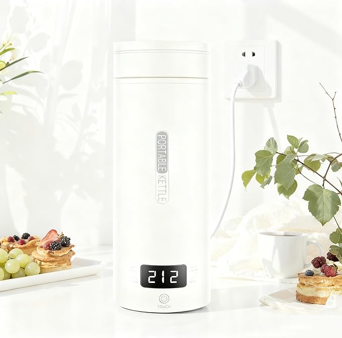 Travel Tea Kettle（110V）, Portable Electric Kettle, 316 Stainless Steel Premium Liner, 4-speed Temperature Adjustment with Auto Shut-off and Boil-Off Protection,White.