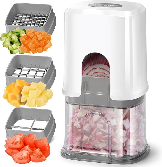 KEOUKE Multifunctional Vegetable Chopper White - 3 Interchangeable Blades Potato French Fry Cutter with Container & Storage Box Food Chopper Dicer for Cucumber, Tomato, Carrot, Onion
