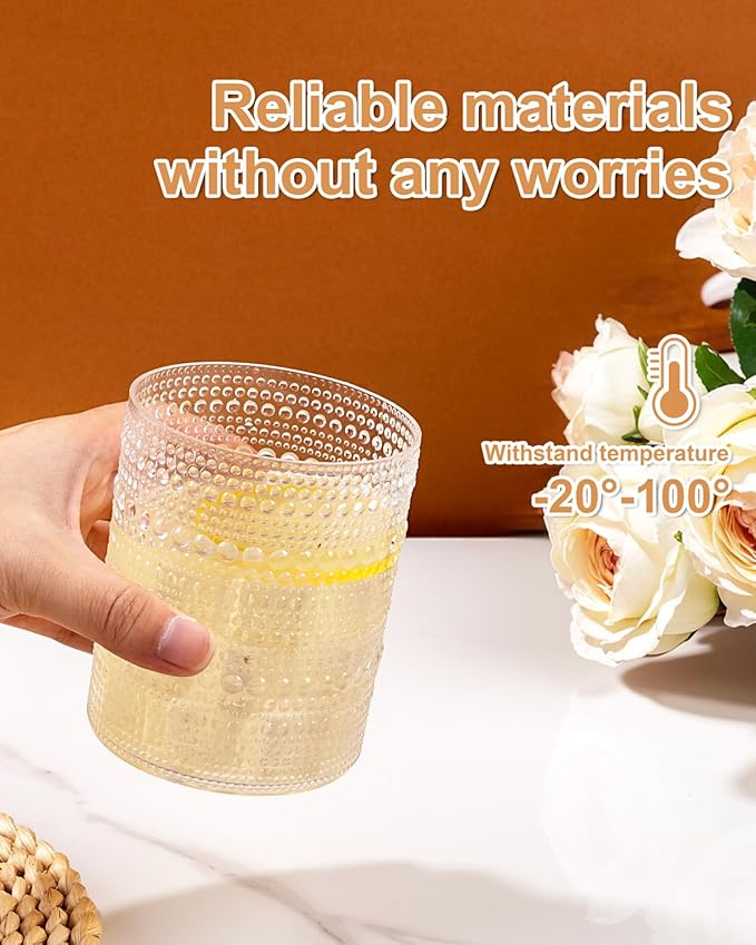 YOUBET 24PCS Plastic Hobnail Drinking Glasses - 14 Oz Clear Vintage Glasses Drinkware - Disposable Beaded Cups for Juice, Wine, Party