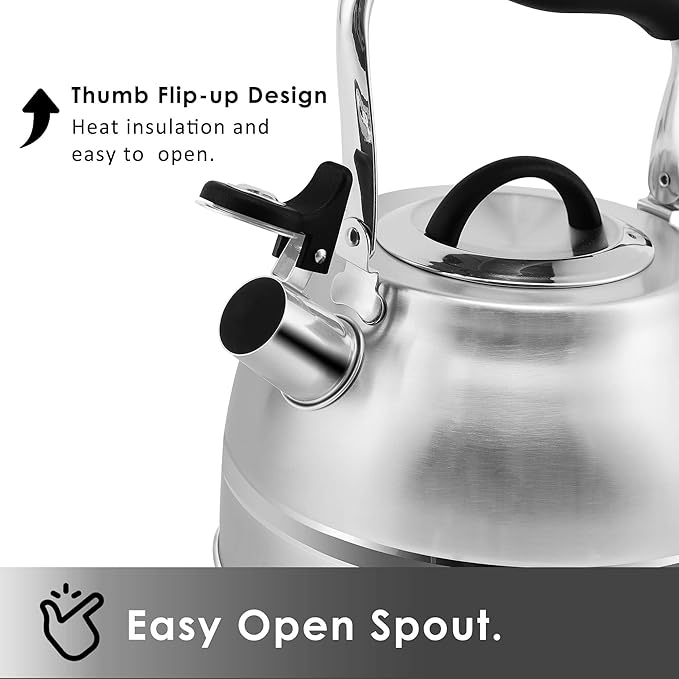 Rorence 3 Quart Tea Kettle: Stainless Steel Whistling Tea Pot with Capsule Bottom for Stovetop - Stainless Steel