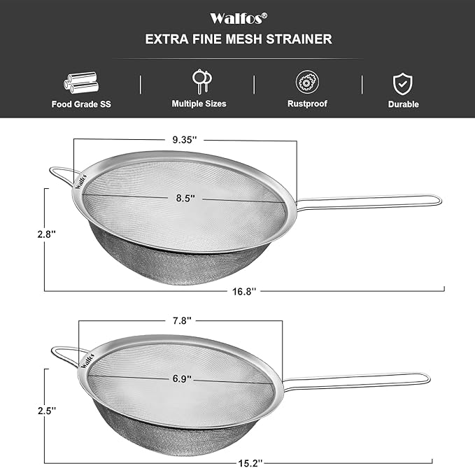 Walfos Large Fine Mesh Strainer 9.35" & 7.8", Stainless Steel Mesh Sieve with Sturdy Handle, Kitchen Metal Food Strainers for Quinoa, Rice, Pasta, Fruits, Vegetables, etc., Set of 2
