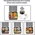Bento Lunch Box with 8oz Soup Thermo,Kids Leakproof 4 Compartment Lunch Food Containers with Sauce Cup and Ice Pack,Kids Thermo Insulated Hot Food Jar and Lunch Bag for School,Trvael-Black