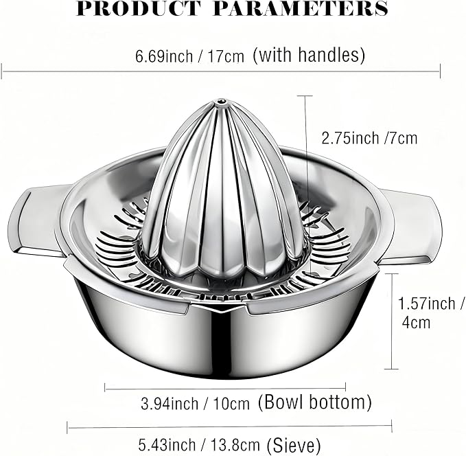 Citrus Lemon Orange Grapefruit Juicer Manual Squeezer 304 Stainless Steel Robust Hand Juicer Reamer Rotation Press with Strainer＆10oz Bowl, 2 Pour Spouts, Dishwasher Safe, Easy to Clean, Heavy Duty