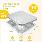 Aluminum Foil Pan with Lids, 9×13 Half Size Pans, Disposable Foil Pans for Roasting, Catering, Picnic or Holiday needs (10 Pack w/Lids)