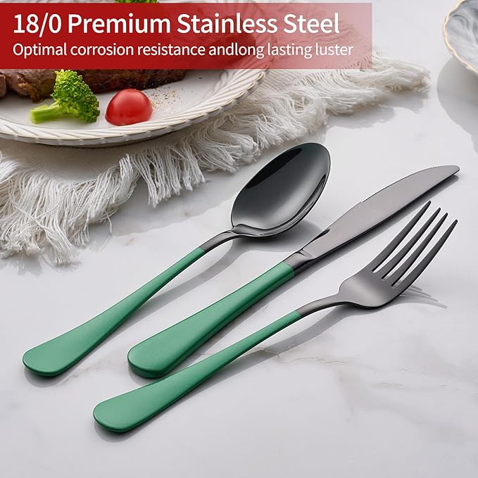 20-Piece Green Silverware Set 18/0 Stainless Steel Silverware Set Green Handle Cutlery Black Set Service for 4 Dinner Knives Forks Spoons Set Flatware SetFinish Dishwasher Safe