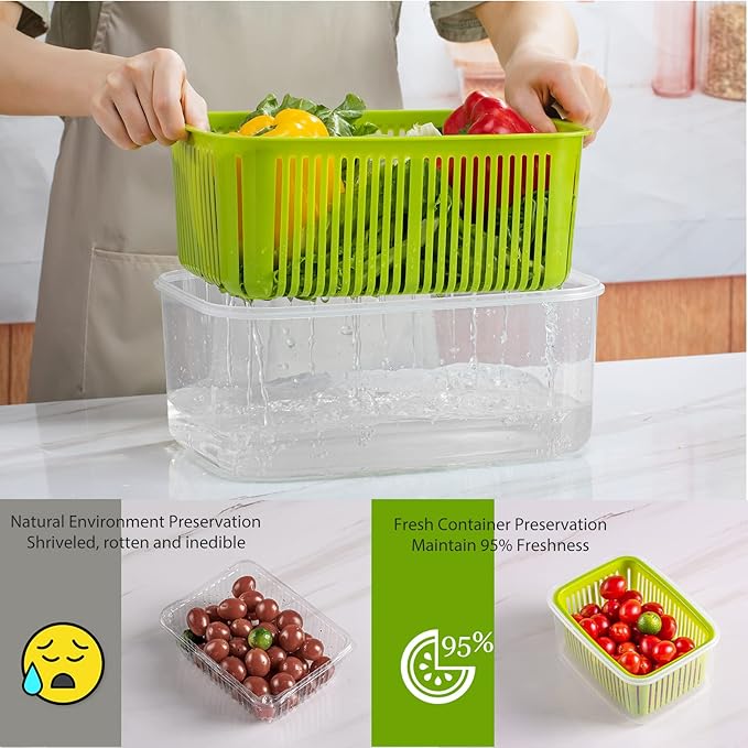 LUXEAR Fruit Vegetable Produce Storage Saver Containers with Lid & Colander 5 Packs BPA-Free Plastic Fresh Keeper Set | Refrigerator Fridge Organizer | for Salad Berry Lettuce Food Celery - Green