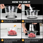 Food Processor, 3-Speed Electric Food Chopper with Vegetable Chopper & Meat Grinder - 2 Bowls (8 Cup Stainless Steel+8 Cup Glass), 300W, 2 Sets of 4 Bi-Level Blades for Vegetable/Fruits/Meat