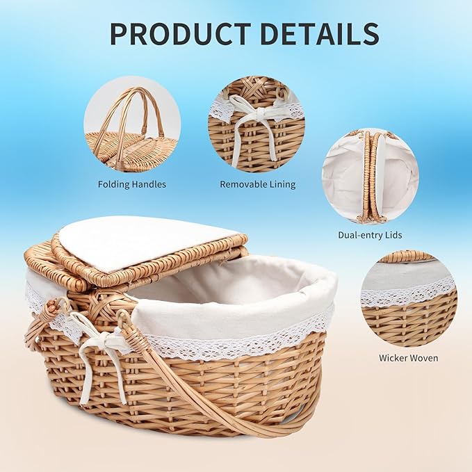 Wicker Picnic Basket with Removable White Lace Liner - 15x11.5x7 Inch Outdoor Picnic Hamper, Foldable Handles & Lockable Lid, Portable Picnic Tote Basket for 4 Person