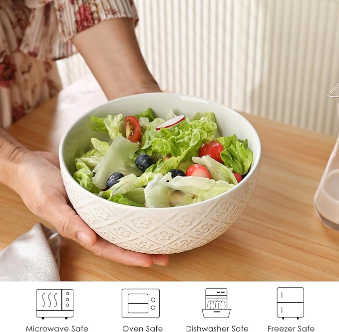 40 OZ Large Cereal Bowls Set of 4, Farmhouse Embossment Ceramic Salad Bowls for Soup, Serving, Fruit, Snack, Noodle, Ramen, Pho, Microwave & Dishwasher Safe, 6.7 Inch White