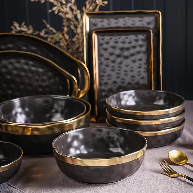 Stone Lain Florian Porcelain 3-Piece Round Bowl Service Set, Black with Gold Rim