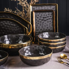 Stone Lain Florian Porcelain 3-Piece Round Bowl Service Set, Black with Gold Rim