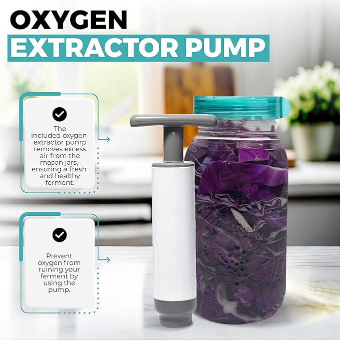 Fermentation Kit, Includes 3 Fermenting Lids for Wide Mouth Mason Jars & Oxygen Extractor Pump, Mason Jar Airlock Lid For Fermenting Kimchi, Pickle, & Sauerkraut