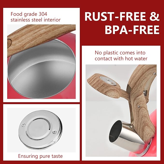 harriet Tea Kettle, Tea Pot for Stovetop, 2.5QT Whistling Kettle with 5-Layers bottom, Food Grade Stainless Steel Kettles with Hot-Resistant Handle Gas Electric Applicable, Red