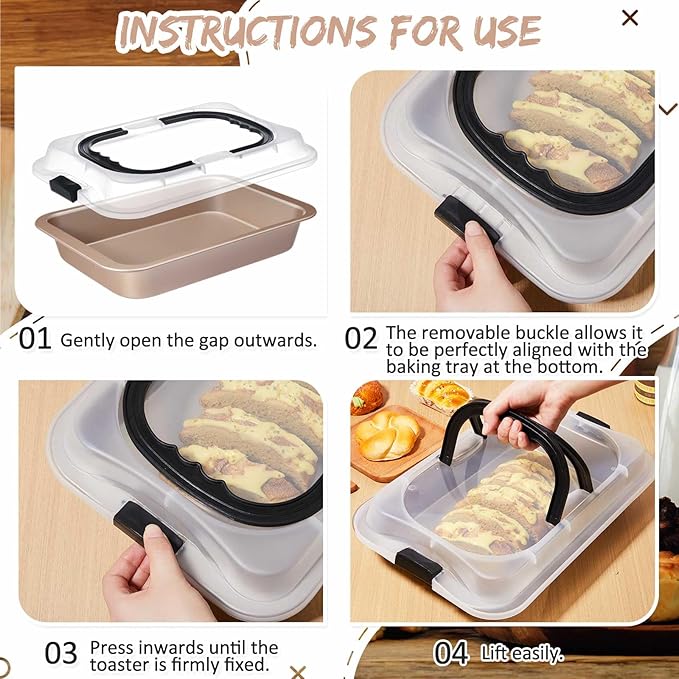 2 Pcs Cake Baking Pan with Lid and Handle, 9 x 13 Inch Non-stick Rectangle Sheet Cake Pan Carrier for Brownie Roasting Cooking Baking (Gold)